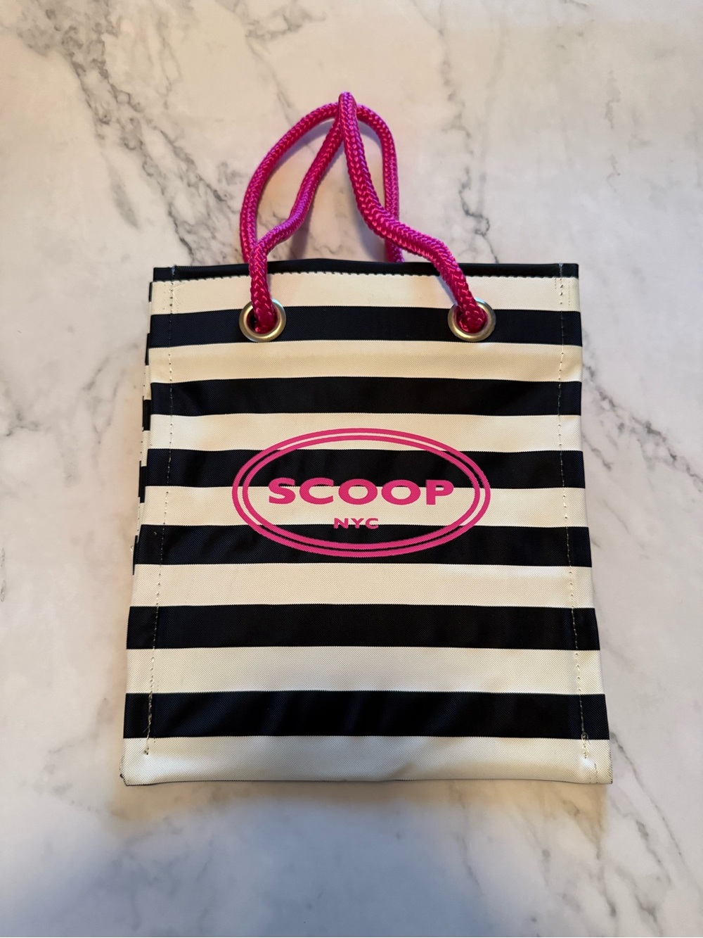 SCOOP NYC Vintage Black and White Striped Vinyl Tote Bag with Pink Rope Handles